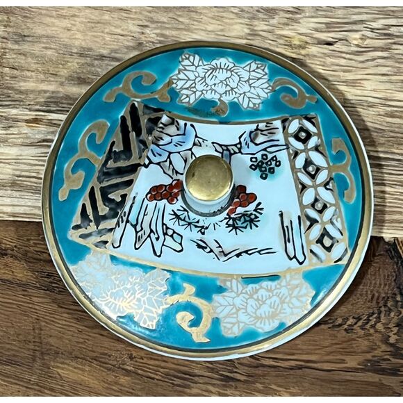 Vintage Hand Painted Imari Japan Lidded Yunomi Tea Cup & Saucer Turquoise Gold - Picture 7 of 9
